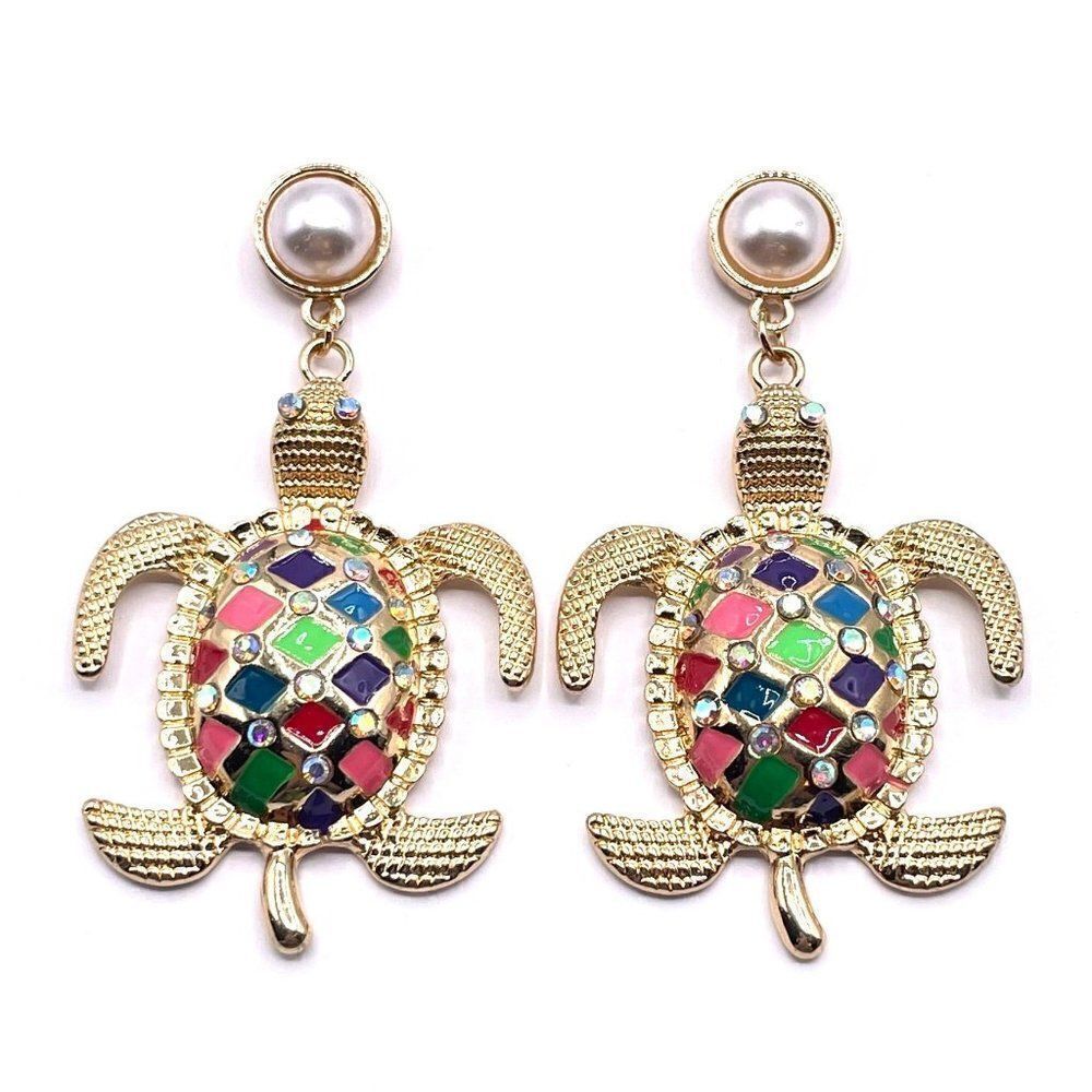 Yellow Gold Multicolor Oil Drip Pearl and Crystal Sea Turtle Post Back Earrings